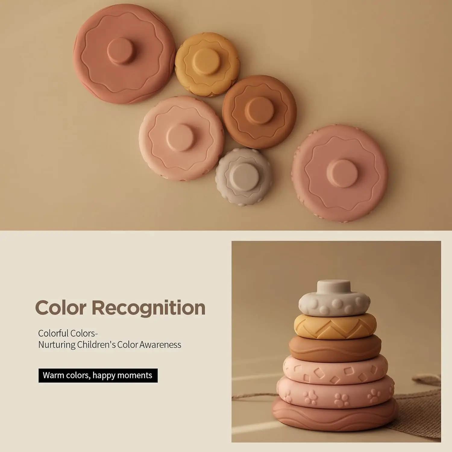 7 Pcs Stacking & Nesting Baby Toys, Squeeze Teething Toys and Building Circle with Pink Horse Figure, Newborn Essentials for 6 1