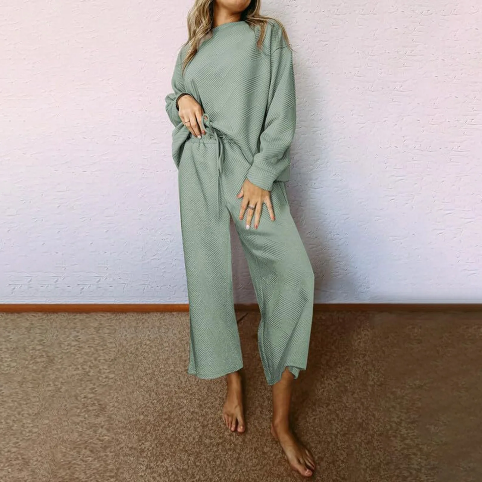 

Женский комплект одежды из 2 предметов, повседневный пуловер с длинным рукавом и круглым вырезом, топ, длинный спортивный костюм, спортивный костюм, элегантные женские брюки, комплект из двух предметов