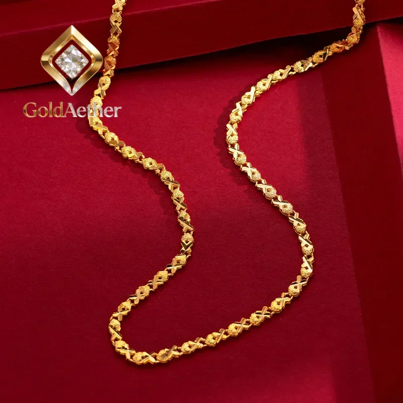 GoldAether 24K yellow gold 9999 real gold vintage women's heart inverted sweater necklace Gift for Valentine's Day