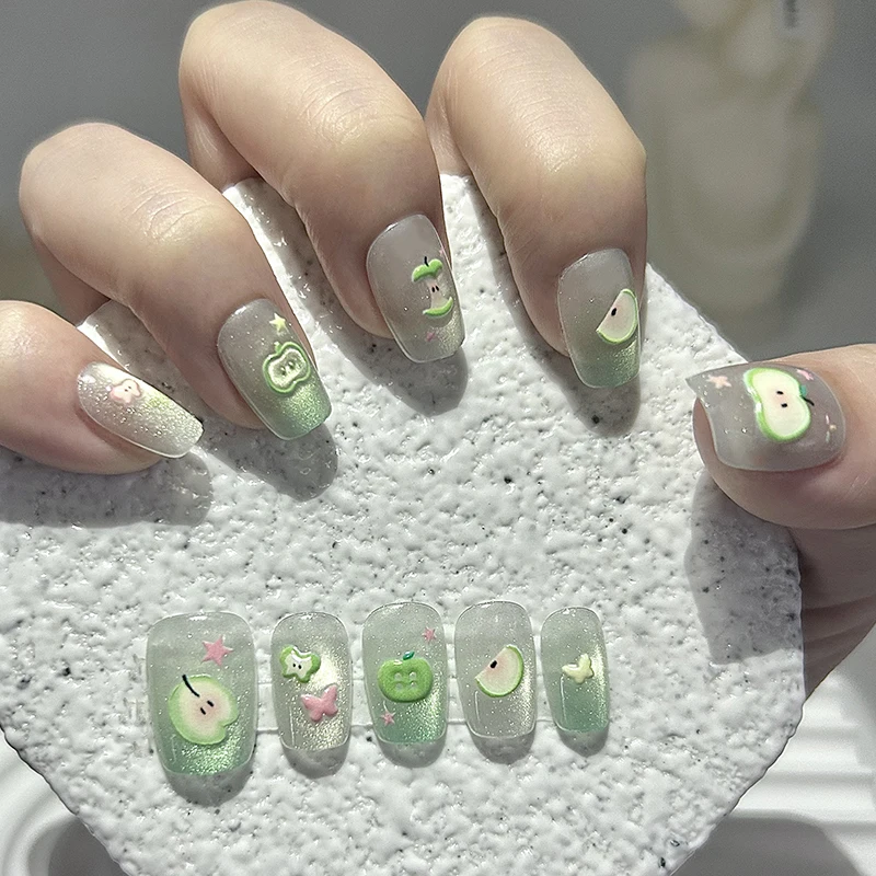 

10 Pieces Summer Sweet Handmade Press On Nails Butterfly Green Apple Fine Glitter Cat Eye Fake Nails Removable Reusable