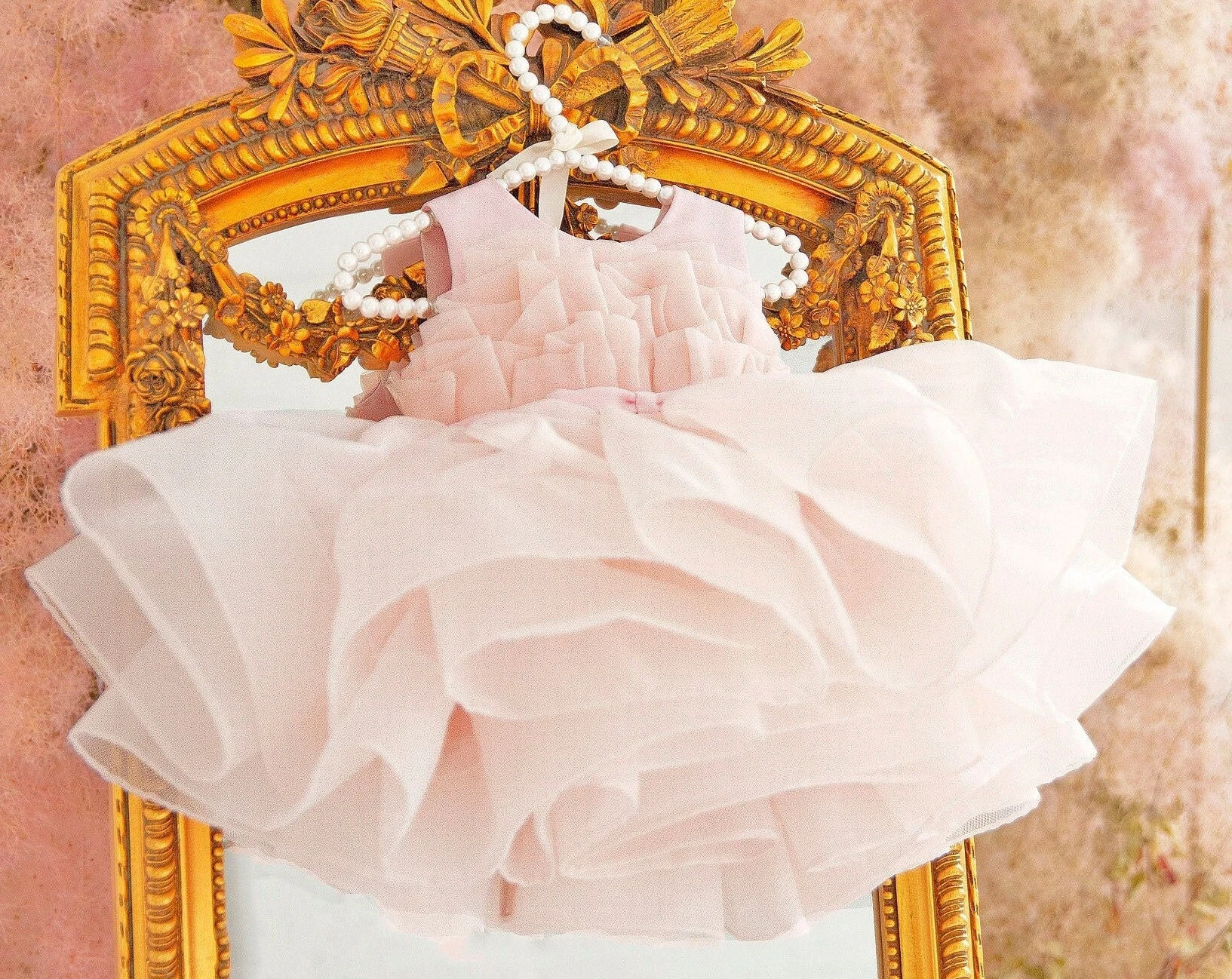 Girl Photography Dress Baby Dusty Pink Bowknot Mesh Dress With Floral Pearl Headband Infant Photo Props