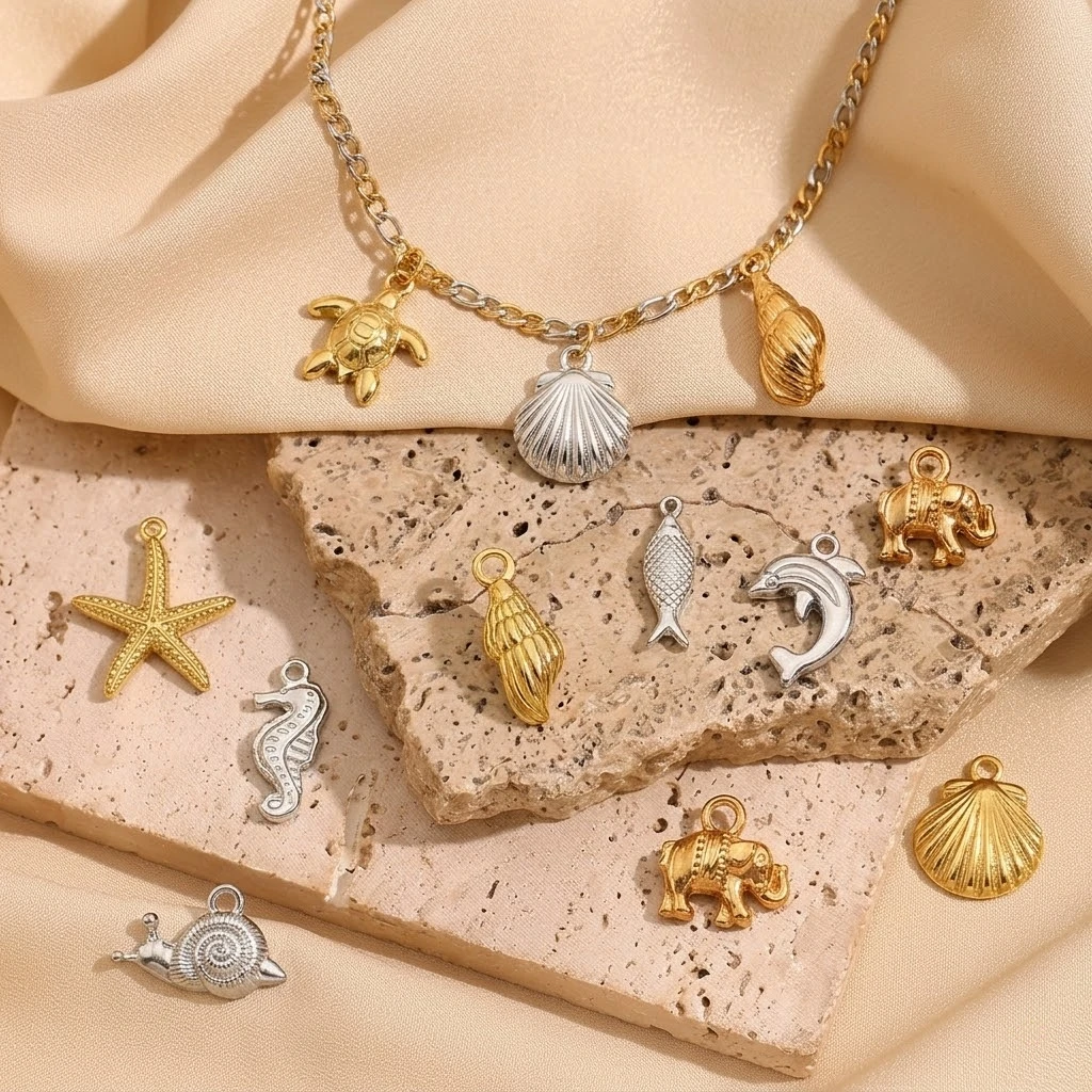 5 Stück Edelstahl-Anhänger mit Seesternen, Muscheln und anderen Meerestieren für DIY-Halsketten, Armbänder und Schmuckherstellung. – Detail 1
