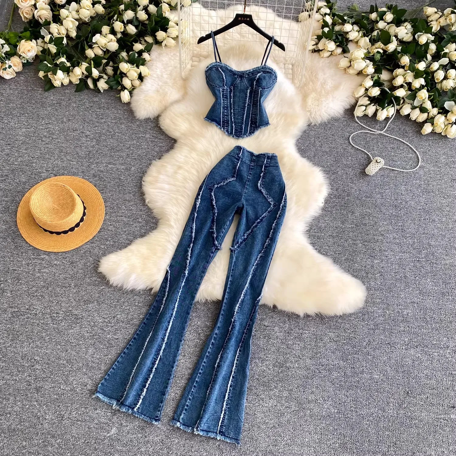 Womens matching sets 2026 Jean Pants Set Sexy High Waist Denim Vest Top with Bell-Bottom Trousers Two Piece Youth Girl's Suit