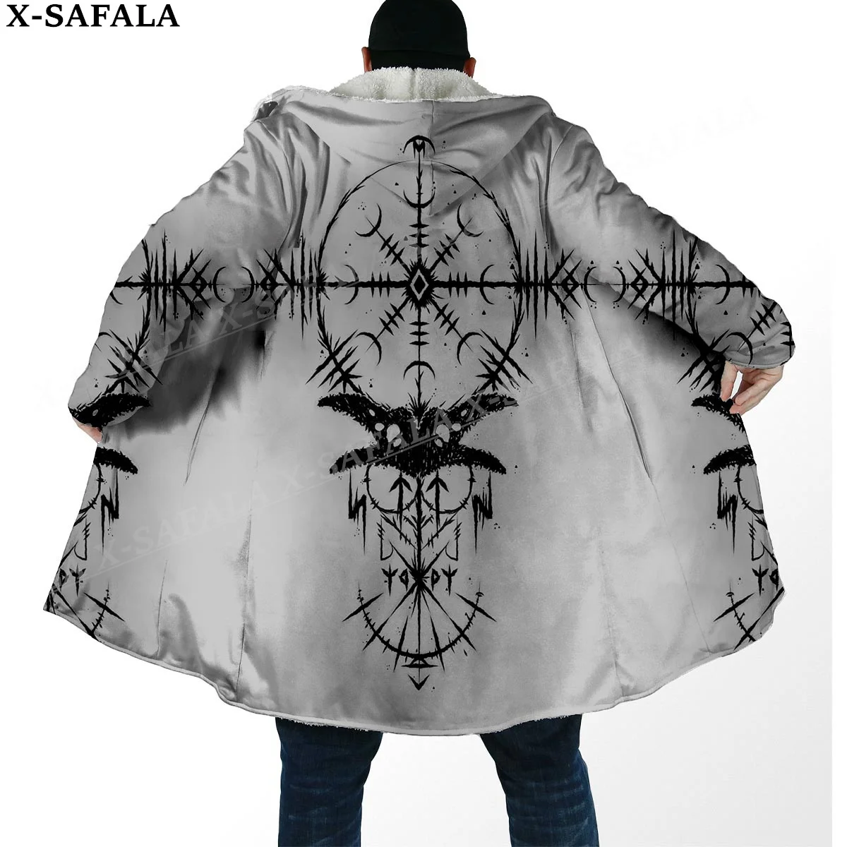 Viking Raven Tattoo Symbol Totems Art Thick Warm Hooded Cloak Men Overcoat Coat Windproof Fleece Cape Robe Hooded Blanket-1