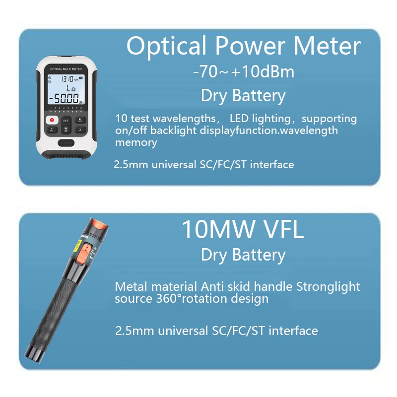 FTTH Fiber Optic Tool Kit with Fiber Cleaver -70~+10dBm MIni Optical Power Meter Visual Fault Locator10mw