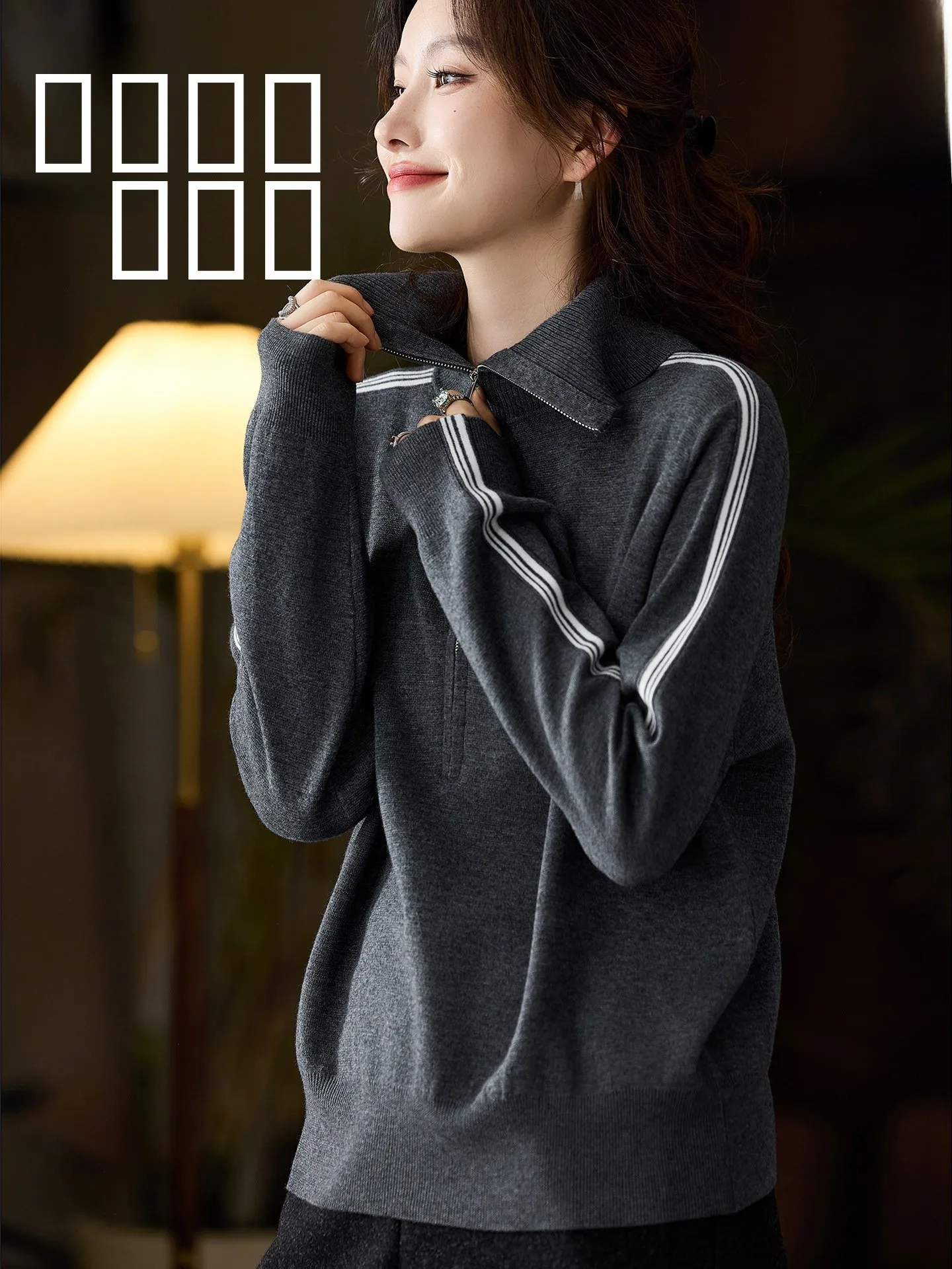 

Модный полосатый шерстяной вязаный свитер для женщин с воротником, свободного кроя, в уличном стиле, из смесового полиэстера, с длинными рукавами