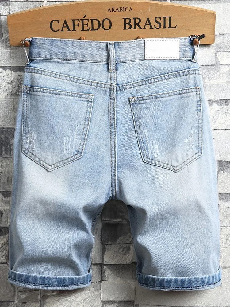 Light Blue Jeans Men Denim Shorts Summer Streetwear Lightweight Slim Fit Knee Length Pants