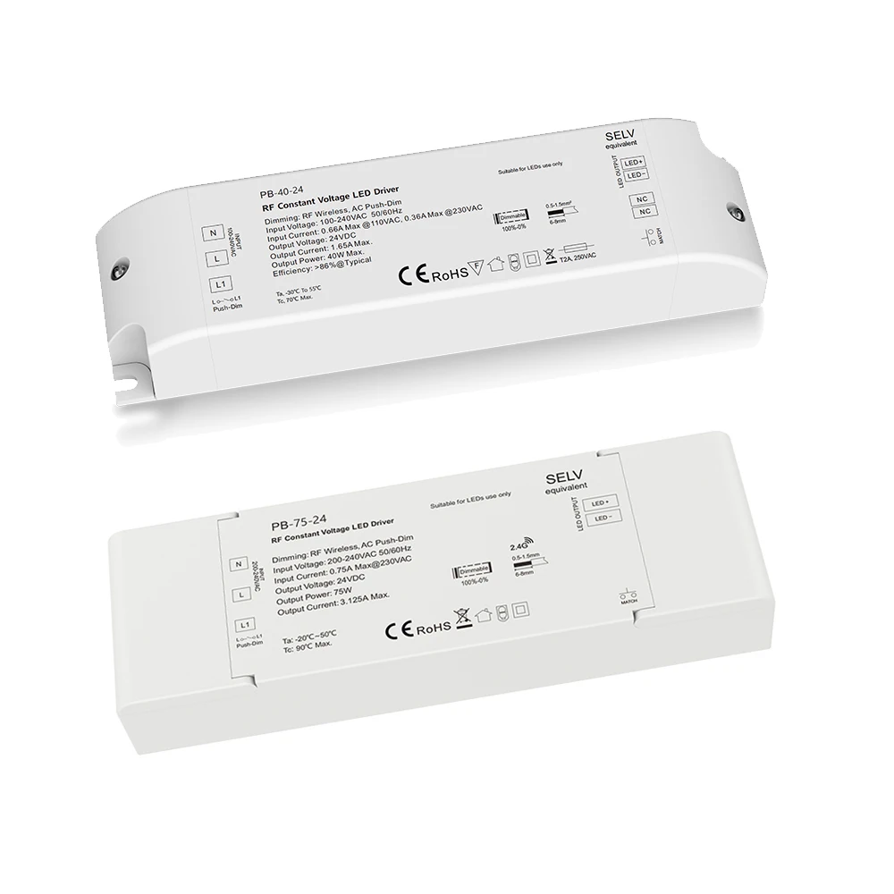 40W 75W Dimmable LED Driver Constant Voltage 12V 24V Power Supply AC Push Dimmer 2.4G RF Remote Control For LED Strip Lighting