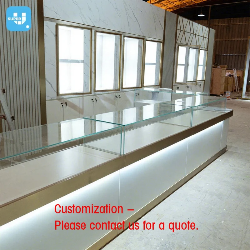 custom.Bespoke Led Lighting Gold Stainless Steel Decor Wooden Jewelry Display Cabinet Linear Jewelry Showcase Counter