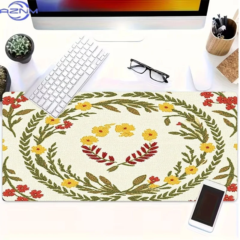 Rubber Desk Mat with a Floral Heart Design, Available in Various Sizes, Featuring Intricate Botanical Embroidery. It'S Perfect f