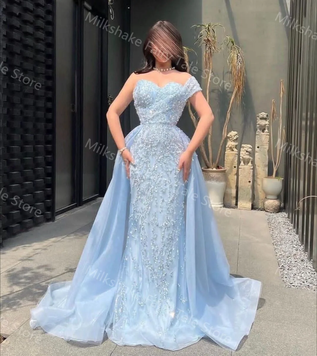 Abiti da sera blu cielo Una spalla Perline di pizzo glitter Abiti da ballo Abiti da cerimonia glamour lunghi fino al pavimento Abiti da cerimonia per feste di nozze personalizzati