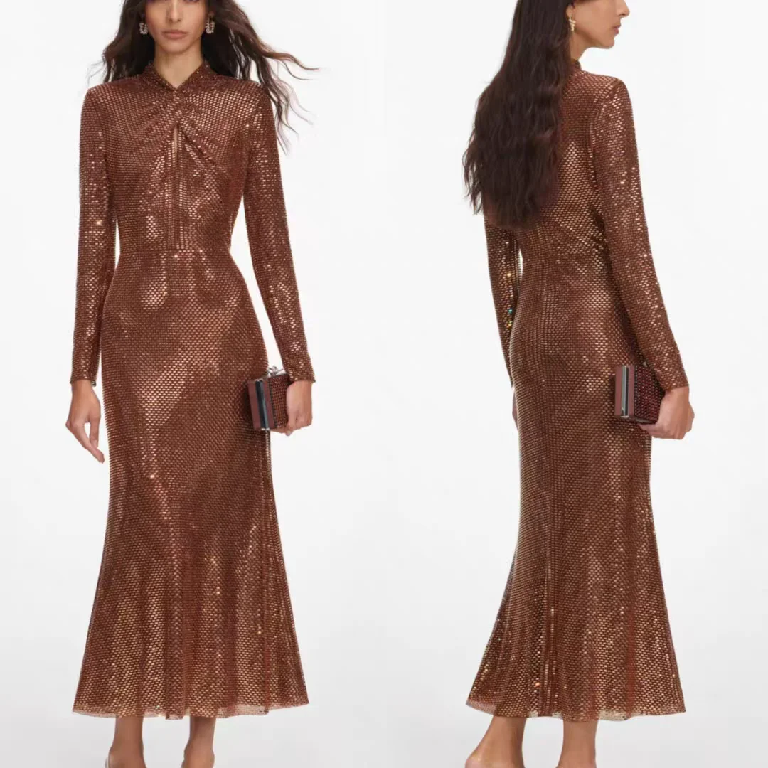 Women diamond midi dress long sleeve high waist fashion luxury party long dress