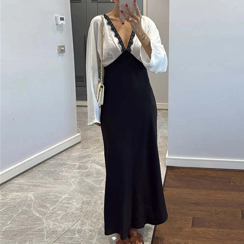 セクシーなレーススプライスVネックカラーブロックイブニングドレス、エレガントなサテンロングスリーブフィット、バンケットドレス、秋の女性用通勤ロングドレス