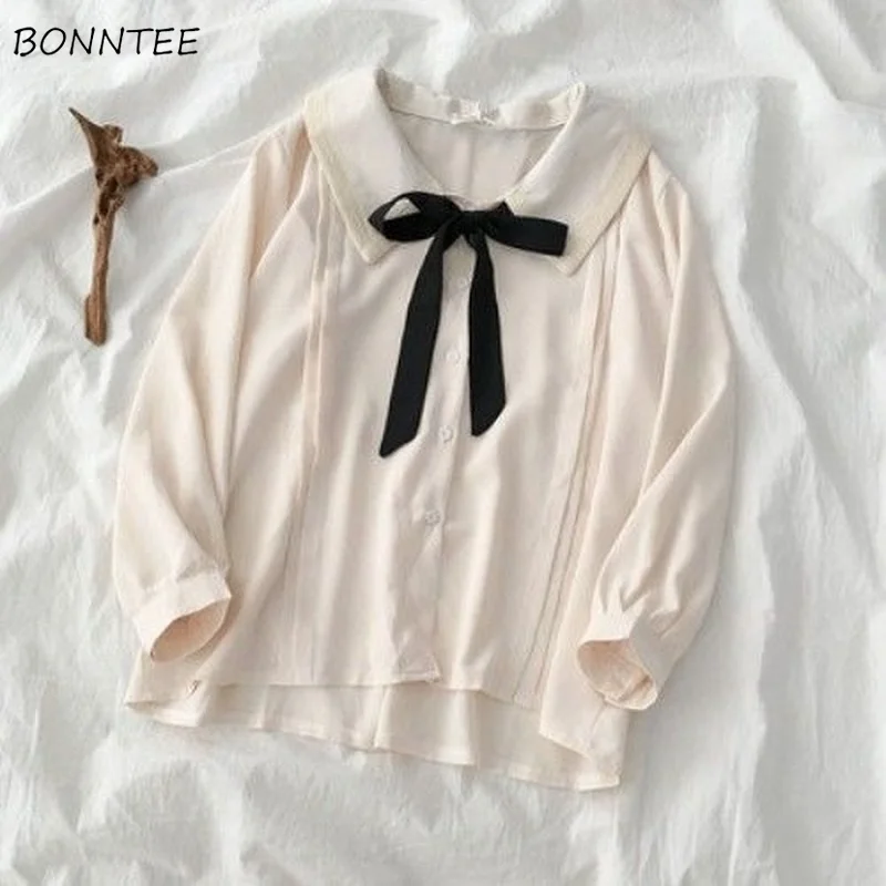 Solid Shirts Women Spring Students Kawaii Peter Pan Collar Loose Soft Korean Fahsion Sweet Causal Bow Designed Simple All-match