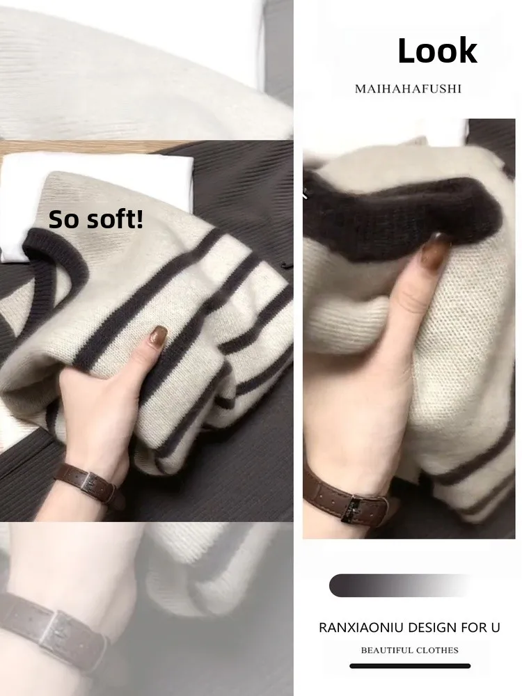 

Thiened Loose Women's Set Winter Warm Striped Sweater Overhead Sle Comfortable Fit Faionable Autumn Winter Outfit