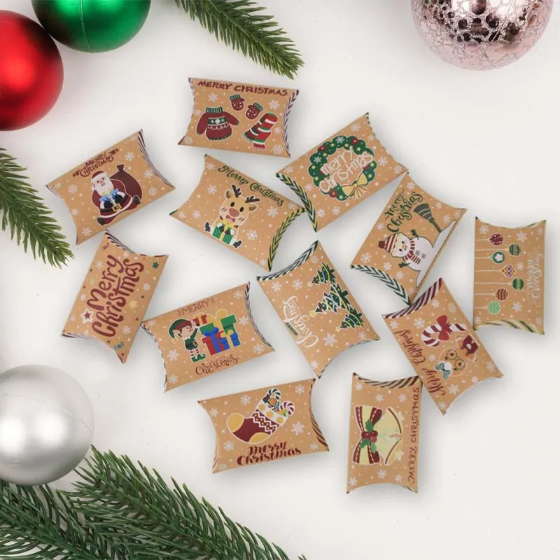 25/50PCS Kraft Paper Pillow Christmas Gift Box Foldable Candy Bags Packaging Box Xmas Noel Navidad Natal New Year Party Favors