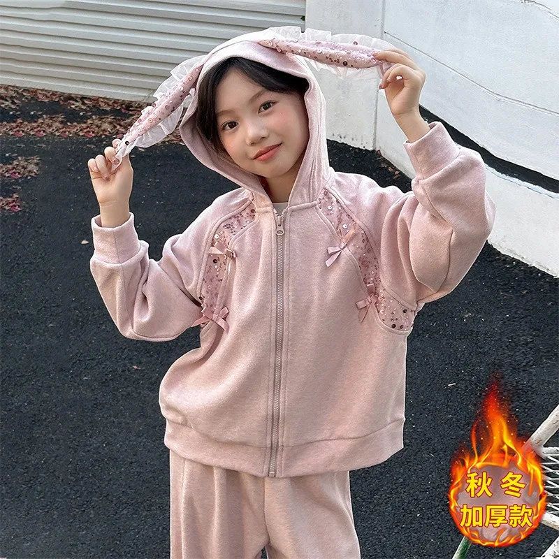 طقم هوديي كاجوال جديد لخريف وشتاء 2025 للفتيات مع مخمل مضاف وسمك سميك، سروال مريح واسع الساق #2