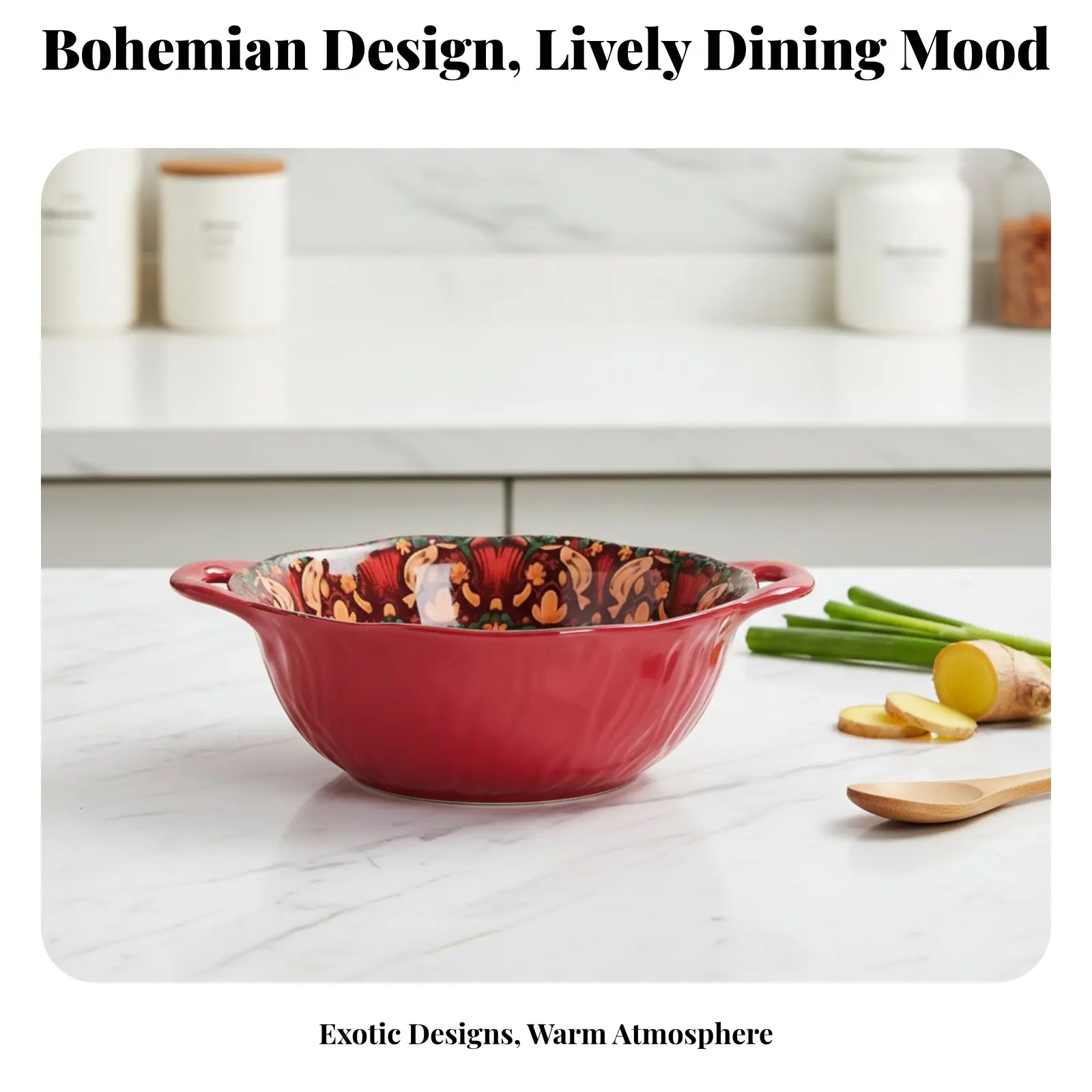 

Bohemian Burgundy Ceramic Dinnerware, Double Handle Soup Bowl, Festive Plate, Underglaze Color, Elegant Home Set