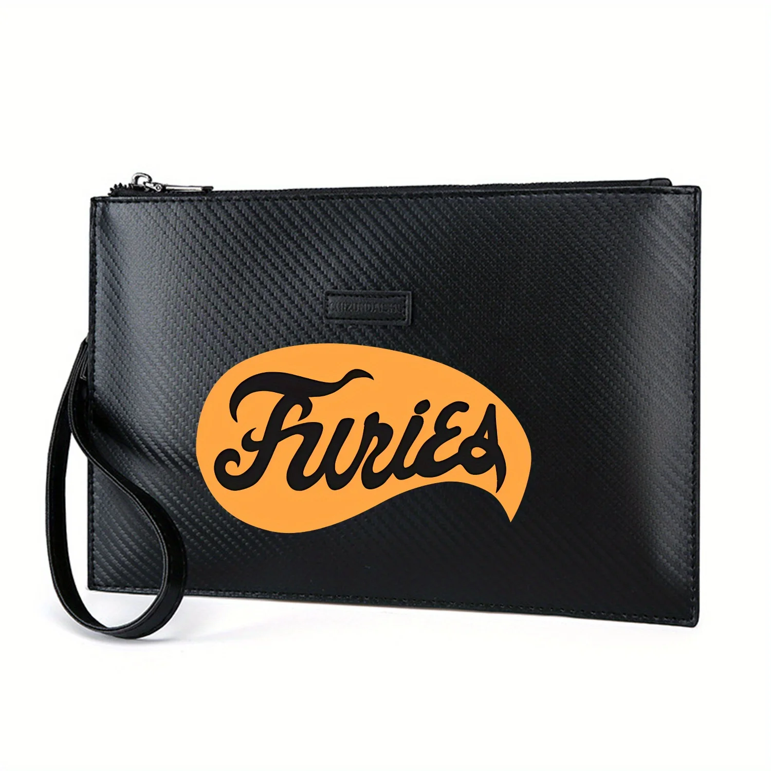 كلمة سوداء "Furies" برتقالية بيضاوية. حقيبة يد رجالية أنيقة مطبوعة من البولي يوريثان عصرية وعملية للحمل اليومي