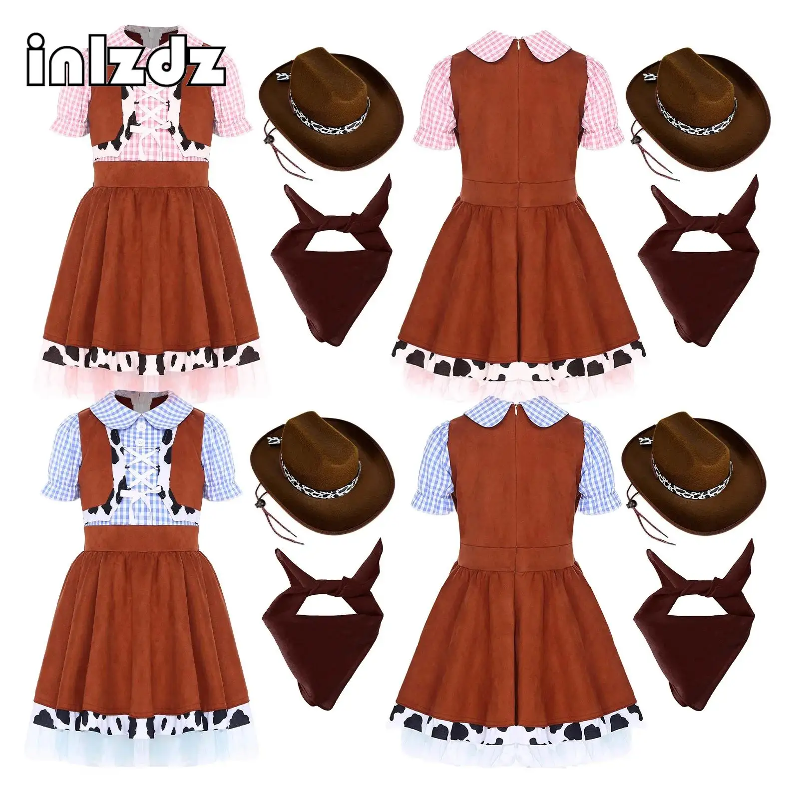 

Girls Western Cowgirl Costume Puff Sleeve Gingham A-line Dress with Cow Hat Paisley Bandana for Halloween Carnival Cosplay Party