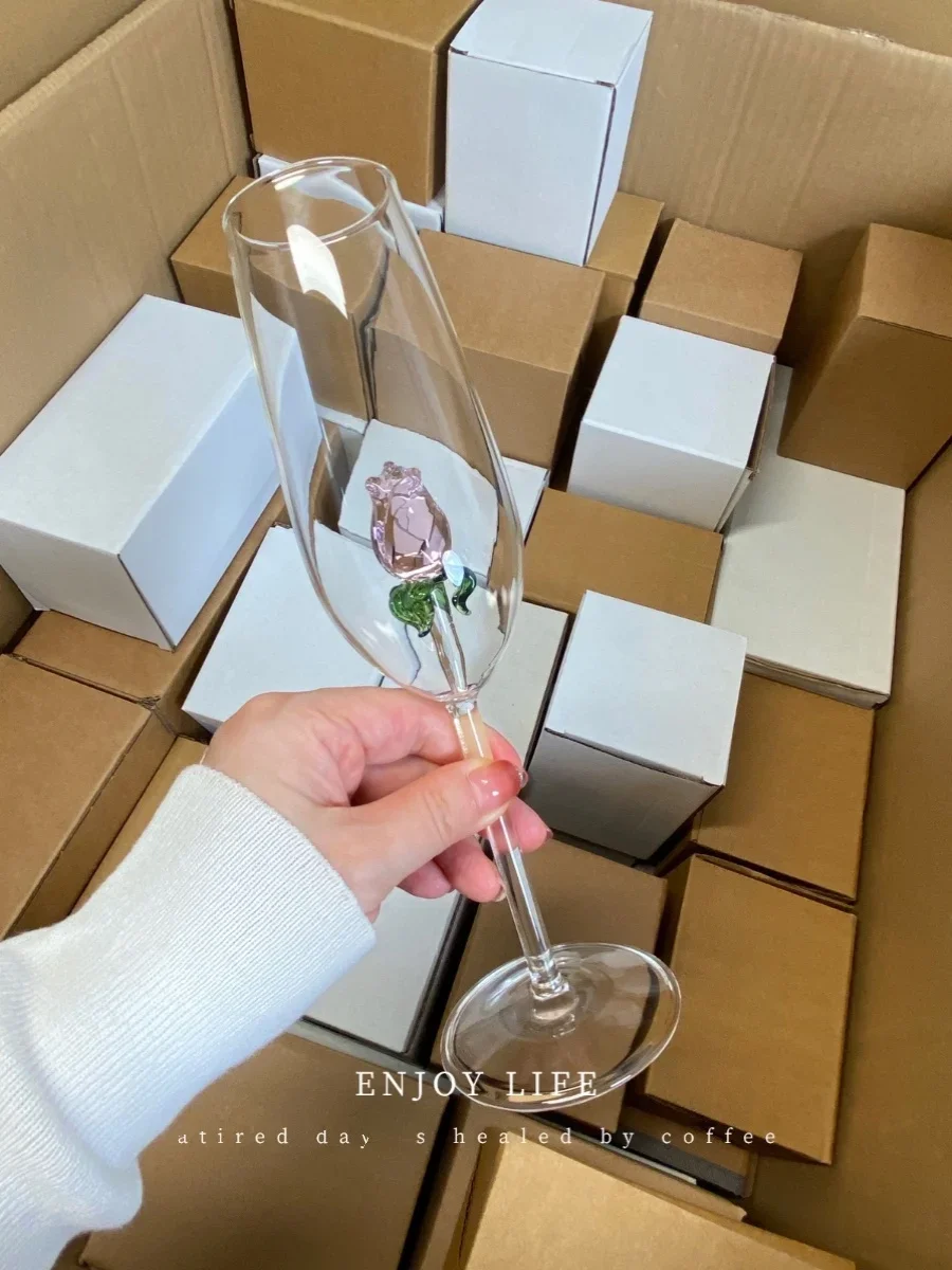 3D Cartoon Rose Champagne Glass Cup Art Wine Glass Home Wine Drinking Glass Couple Wedding Goblet Small Gift