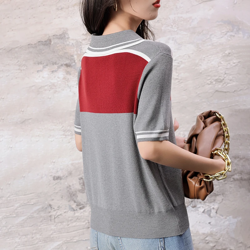 Summer Lyocell Women's T-shirt Casual Splicing Short Sleeve Loose POLO Collar Tees Zipper Knitted tops Fashion