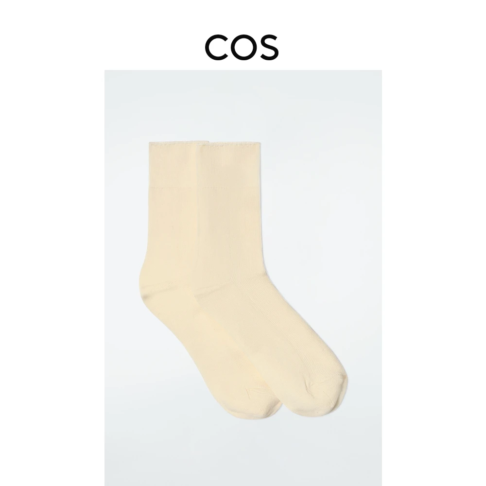 cos-レディース-2足組-クリーム色-リブ編み-パッチワーク-ショートソックス-綿混-快適-春シーズン-ベーシックスタイル