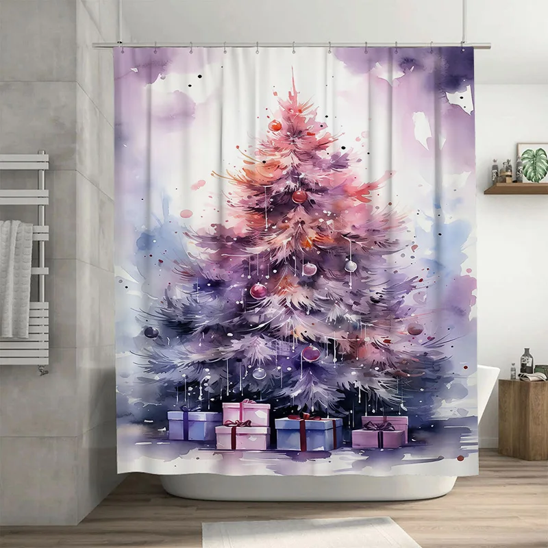 

TuniuFestive Christmas Forest Shower Curtain Winter Holiday Trees Gift Box Backdrop Waterproof Decor