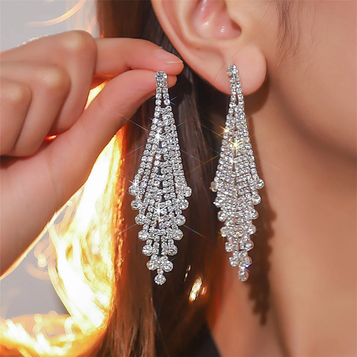 Dingka temperament super flash full diamond rhombus long earrings women's fashion high-end stud earrings ear jewelry