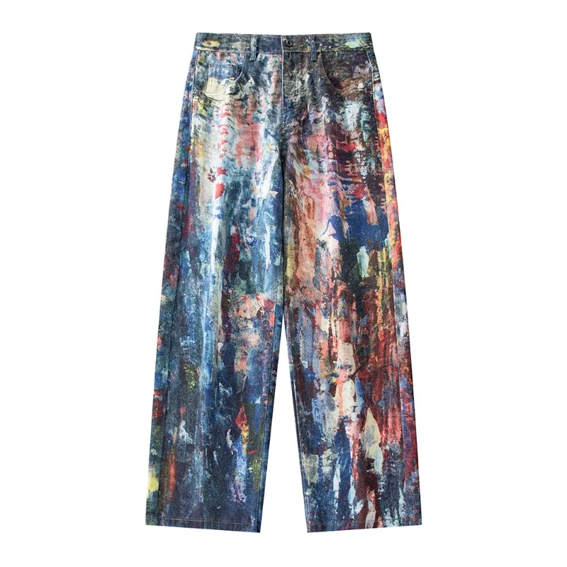 Artwear Men's Oil Paint Print Jeans Wide Leg Baggy Fit Colorful Streetwear Casual Premium Denim Long Pants