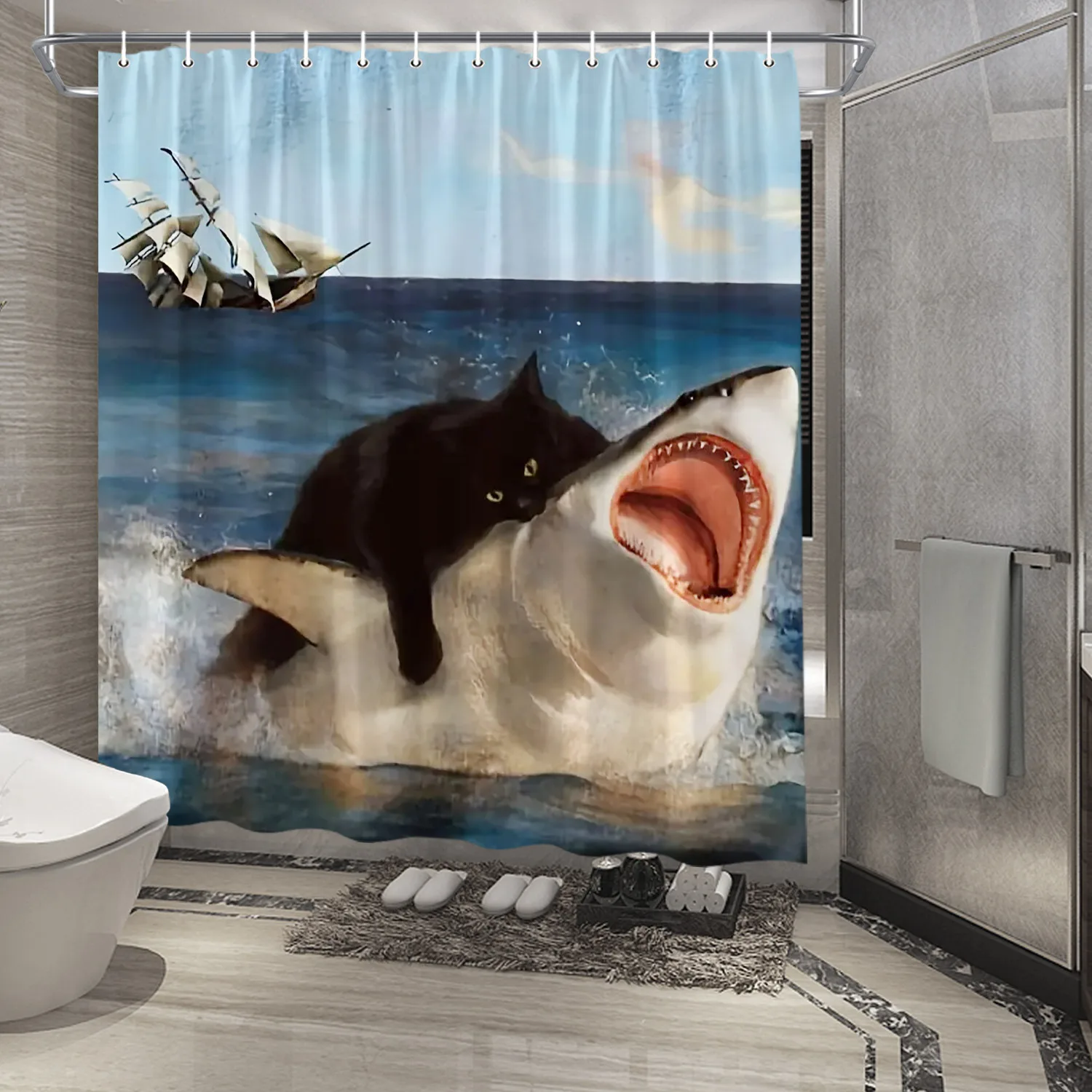 Unique Cat Riding Shark Shower Curtain - Waterproof, Mildew-Resistant with Ocean Adventure Design for a Quirky and Fun Bathroom