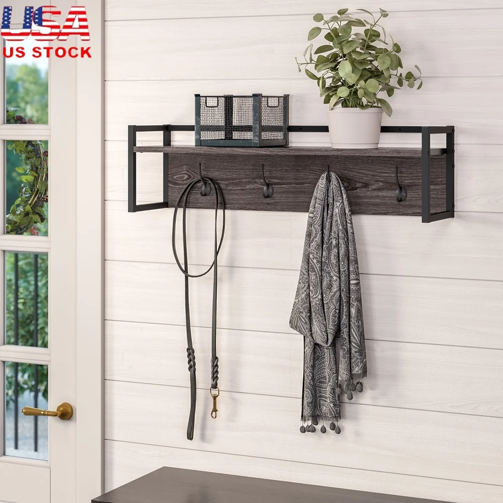 

Afton 4-крючок, настенная вешалка для одежды, органайзер для прихожей с открытой полкой, состаренная древесина и прочный металлический каркас для домашнего хранения