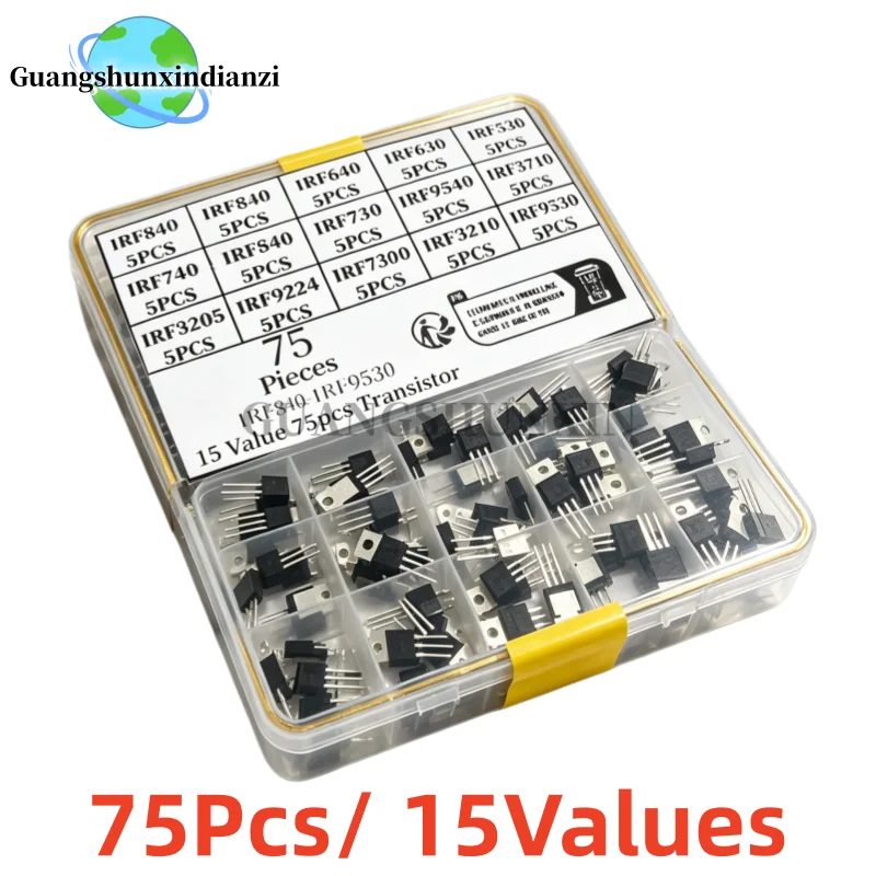 75Pcs/ 15Values IRF840 IRF730 IRF640 IRF630 IRF530 IRF740 IRF540 IRFZ44 IRF9540 IRF3710 IRF3205 IRF9Z24 IRF1010 IRF5210 IRF9530