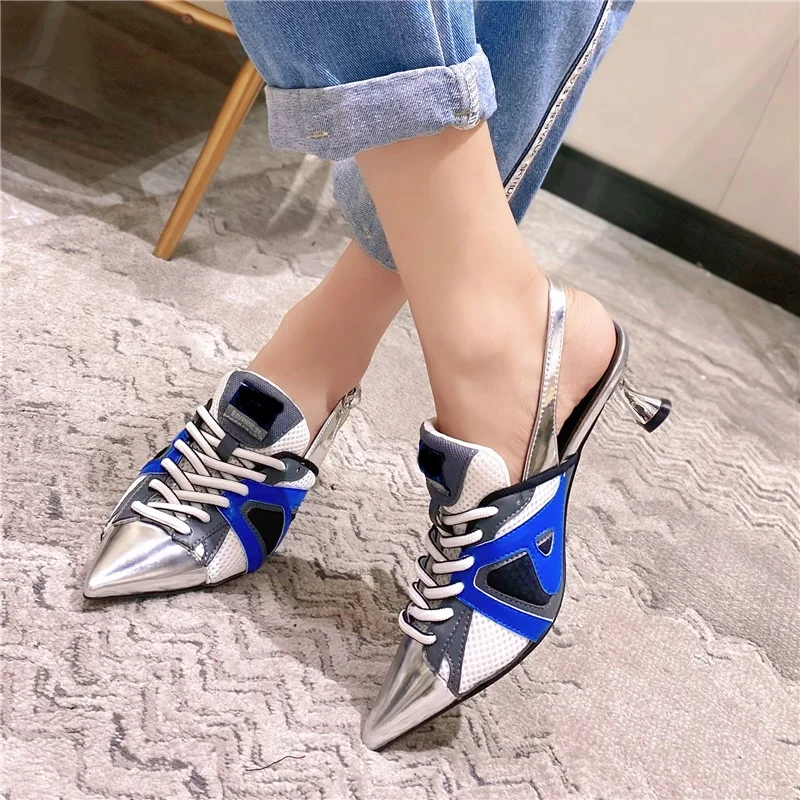 

Silver Pointed Toe Cowhide Mesh Women Slippers Back Strap Slingback Thin Heel Casual Slippers Lace Up Novel Mixed Color Shoes