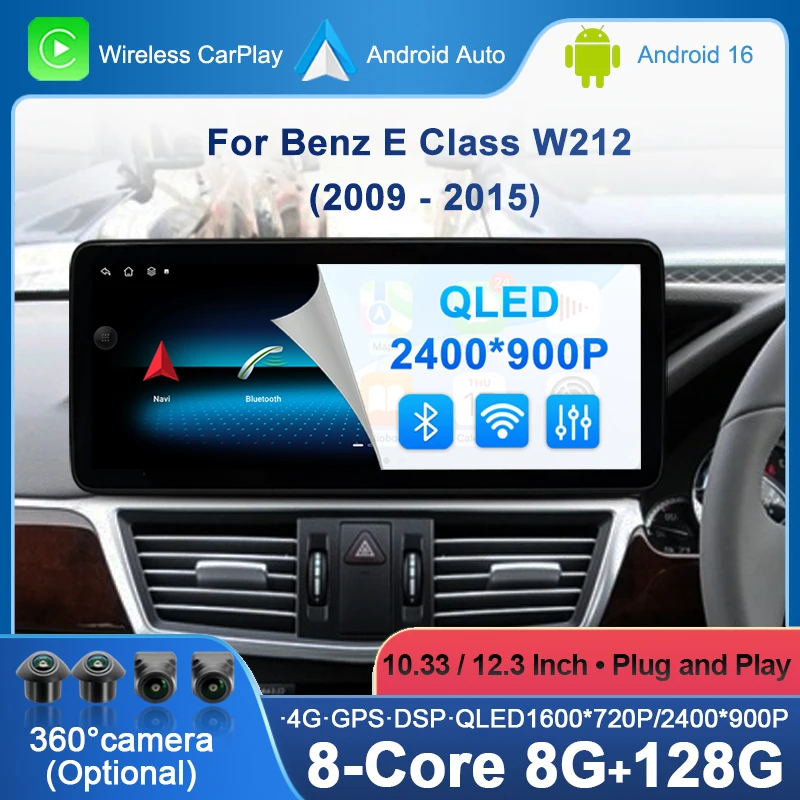 Rádio Automotivo Android 16 com volante à direita para Mercedes Benz Classe E W212 2009-2015, Navegação GPS, Carplay e Tela Multimídia