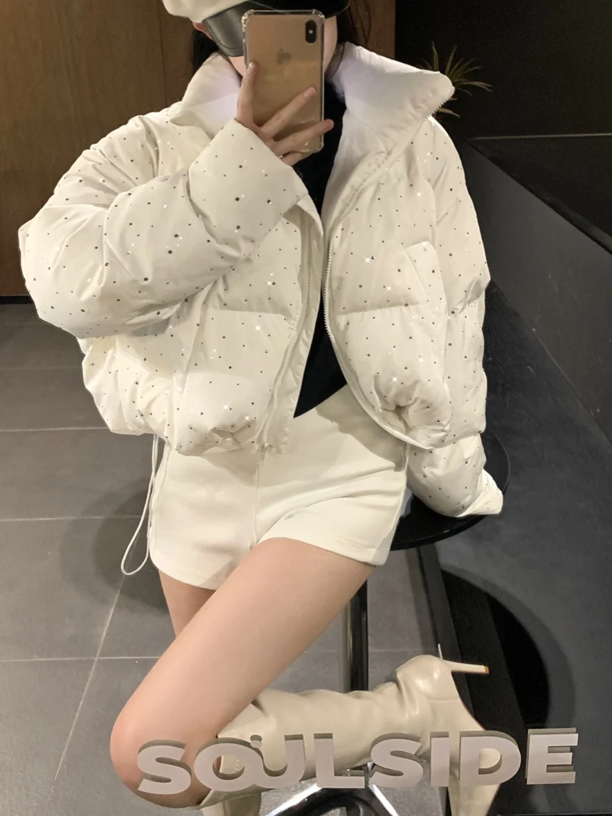 

Thiened ort down Cotton Jaet Women's Winter Warm Fluffy Zipper Collar Coat Straight Tube Sle Long Sve Pure Color