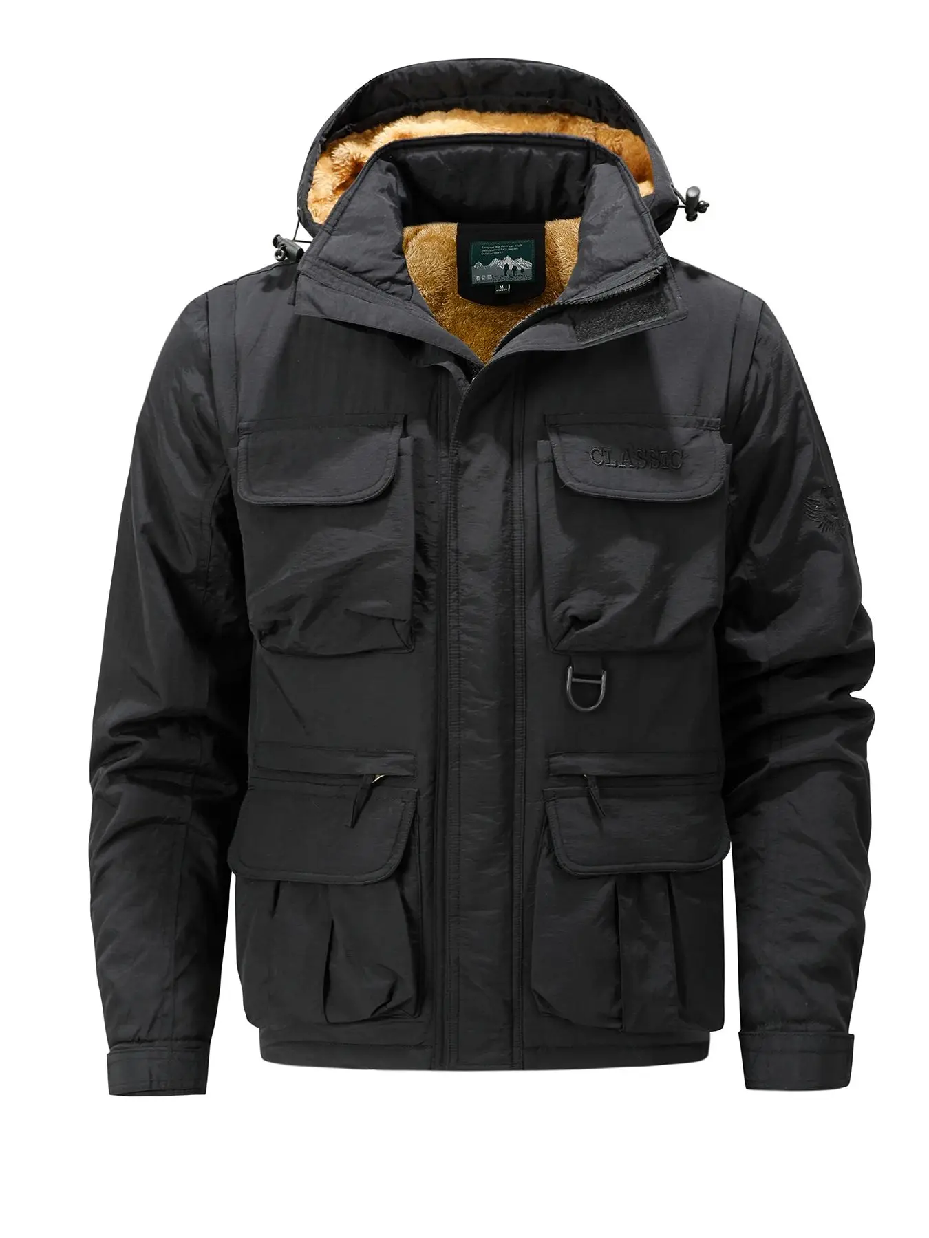 سترة بغطاء للرأس وقابلة للفصل وأكمام قابلة للفصل، معطف شتوي دافئ متعدد الجيوب #6