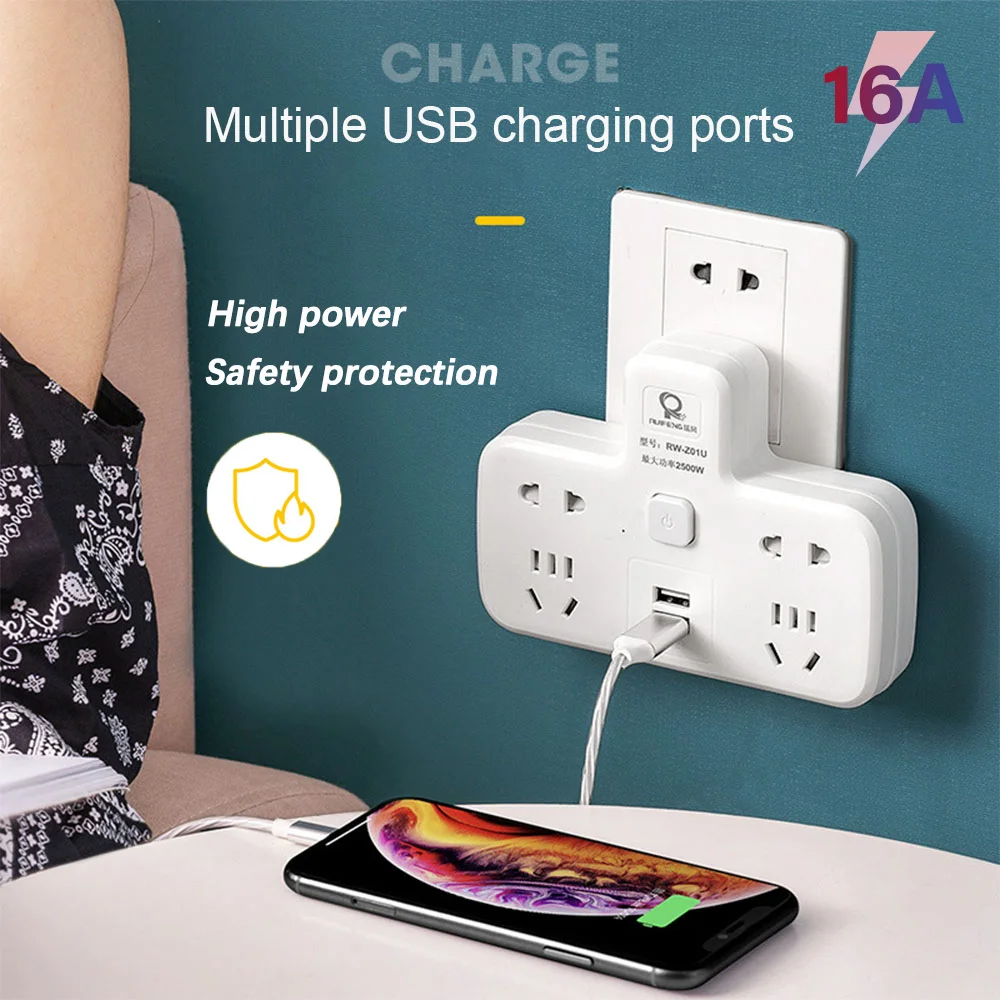 Power Strip 16A Multi Socket With 2 USB 3 Way Plug Universal Adaptor For Travel Home Assistant Safety Protection Smart Plug