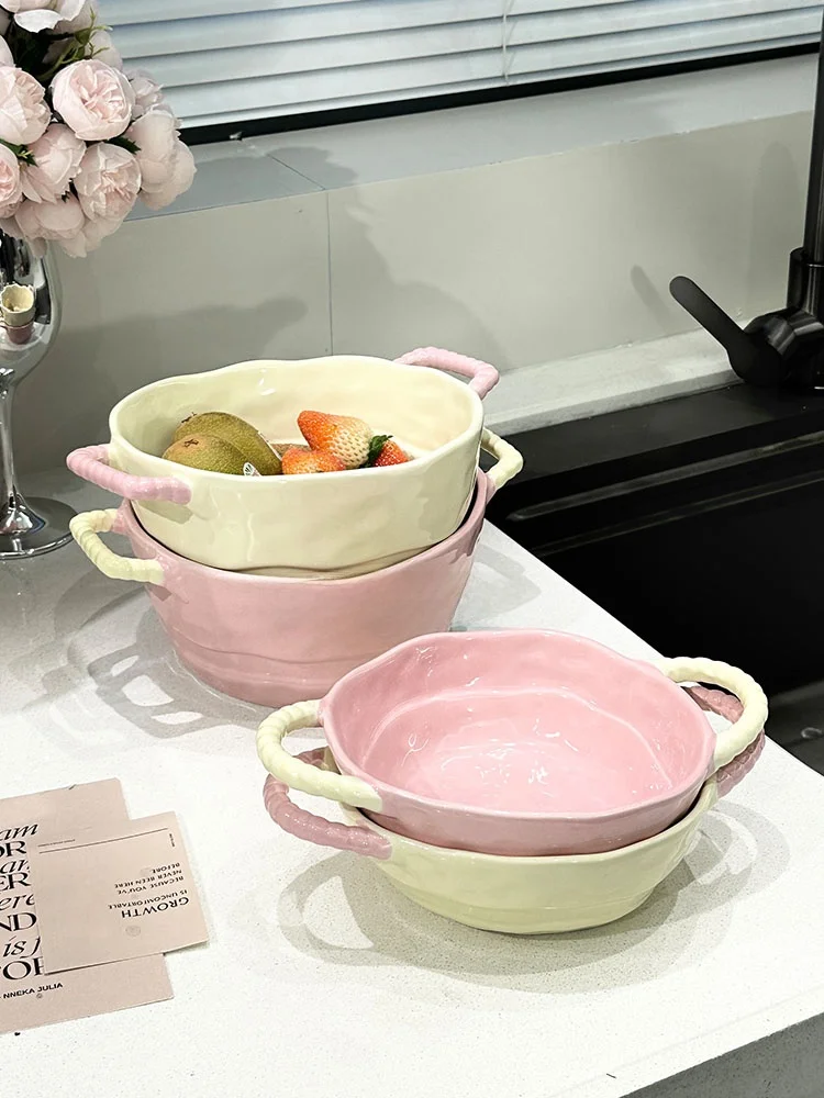 Cute Double-Eared Ceramic Soup Bowl for Home Use Instant Noodles Spicy Hot Pot Bowl Fruit Bowl Yogurt Girls Cutlery