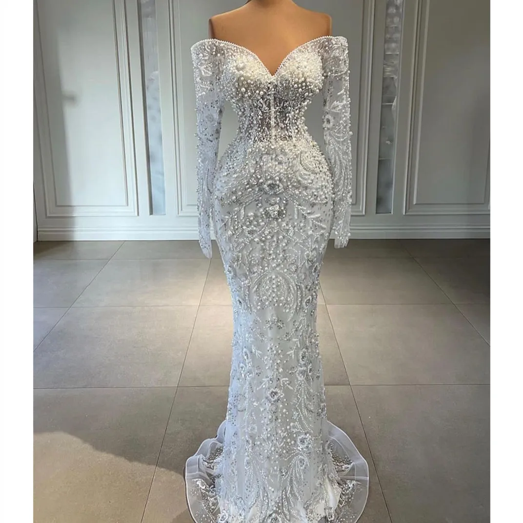 Prom Dresses Long Sleeves V Neck Sequins Elegant 3D Lace Sparkling Beaded Pearls Mermaid Appliques Evening Dresses Custom Made