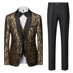 ( Blazers + Trousers + Vest) New Men Gold Jacquard Suits Fashion Male Wedding Banquet Tuxedo Dress Set