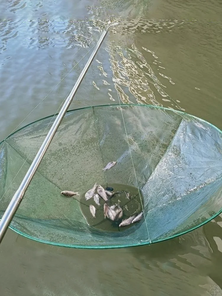 Soft Steel Hoop Fishing Drop Net Large Round Bridge Style Hand Net Sturdy Cast Capture Net, Wear-resistant Fish Catching Gear