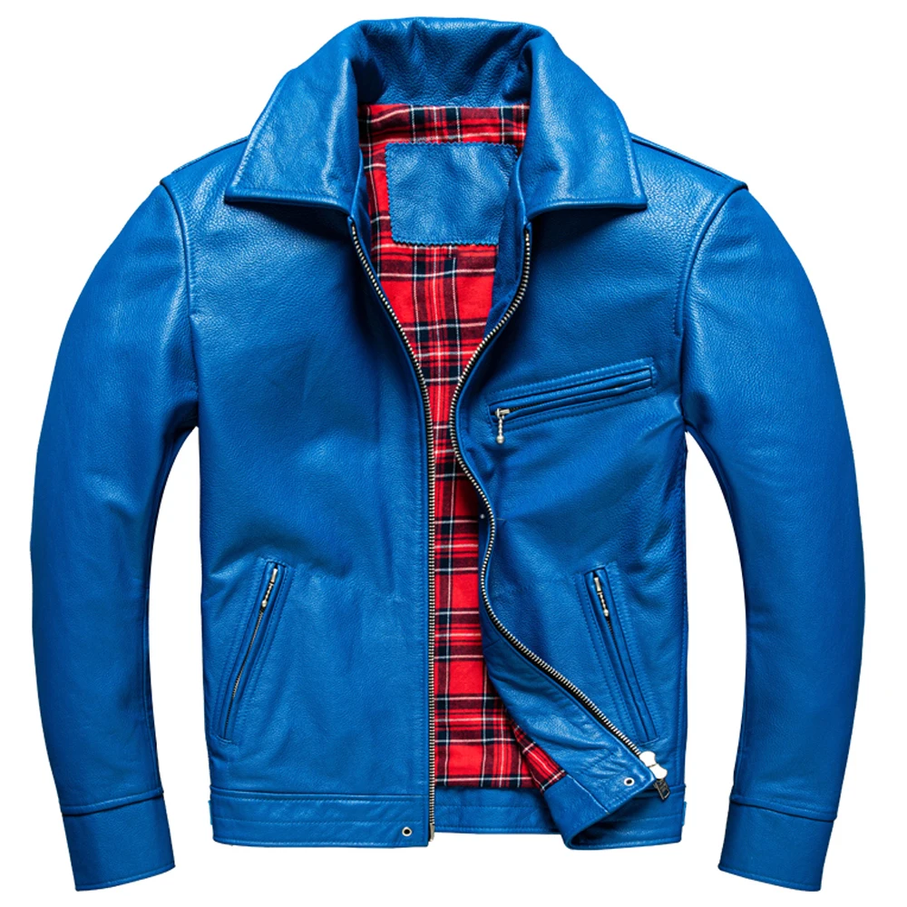 European Style Calfskin Leather Motorcycle Coat Fashion Blue High Quality Cowhide Jacket Plaid Pattern Plus 5XL Street Overcoats