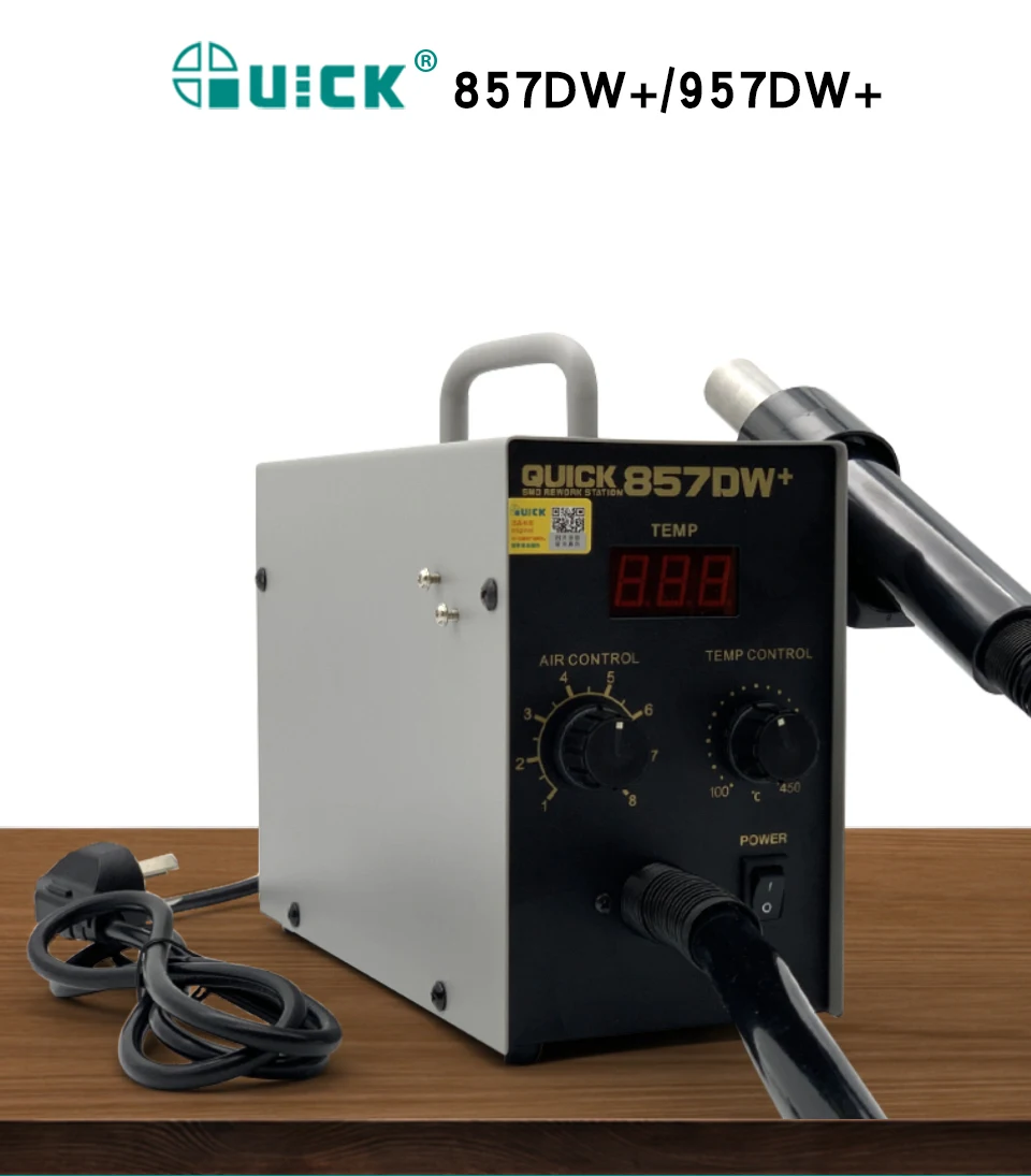 QUICK 100% Original Hot Air Gun 857dw+/957dw+ 220V Rework Soldering Station Thermal Blower Hot Gun SMD PCB Welding Repair Tool