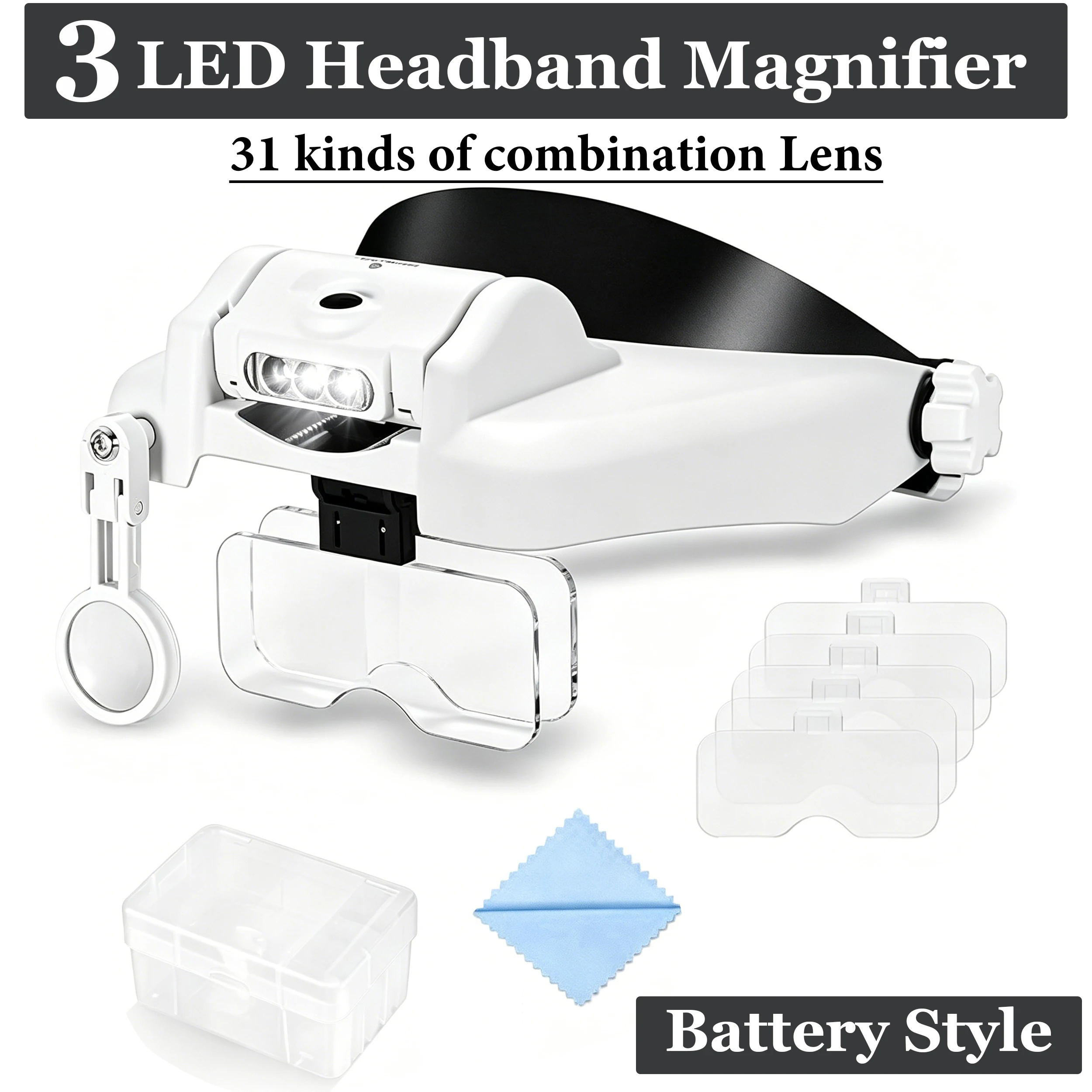 Headband Magnifier LED Illuminated Repair Magnifying Glass Interchangeable Lens Watchmaker Magnify Glasses 1.5x 2x 2.5x 3x 3.5x
