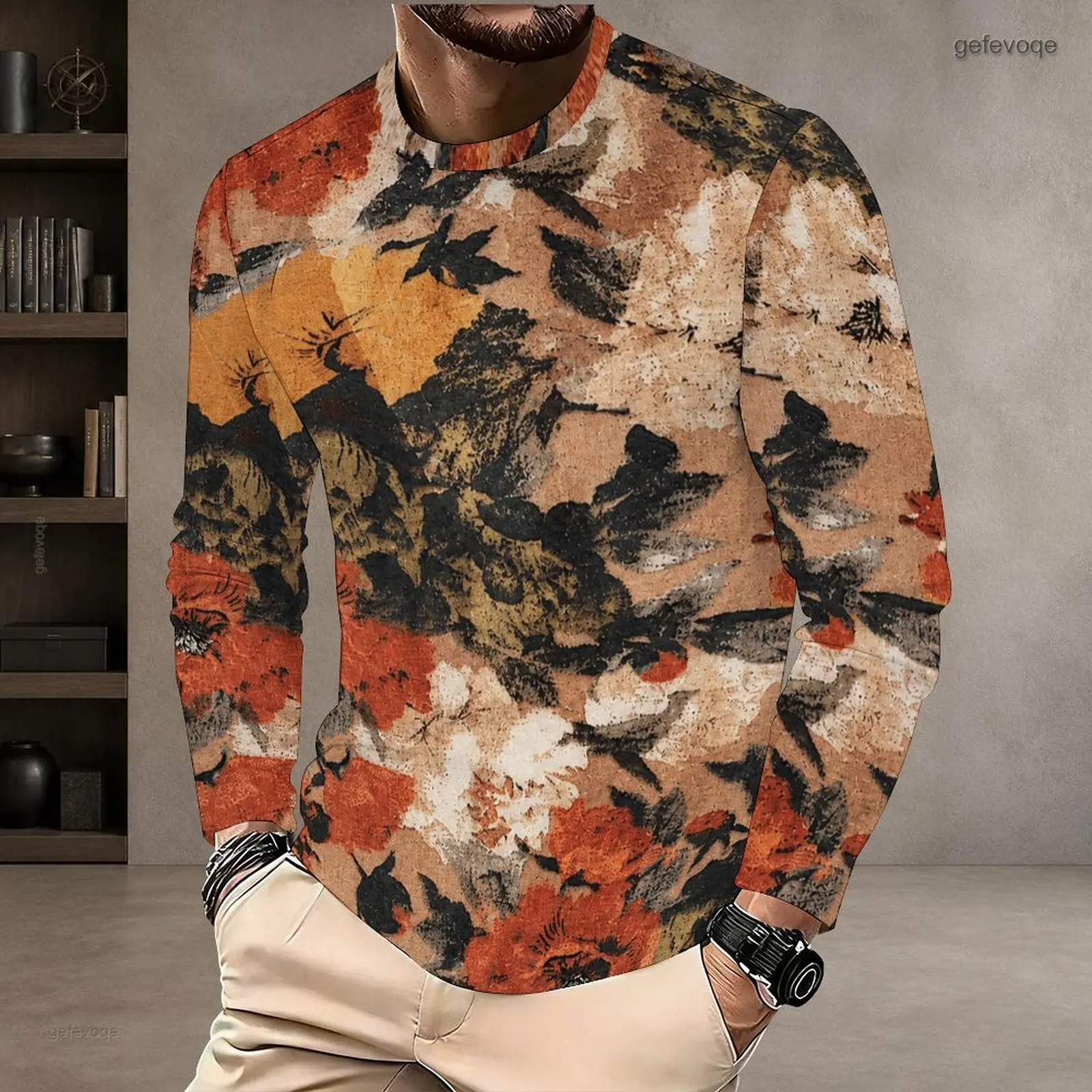 Men All Over Printed Round Neck Long Sleeve T-Shirt, Yellow Lemon Green Leaf White Flower Pattern