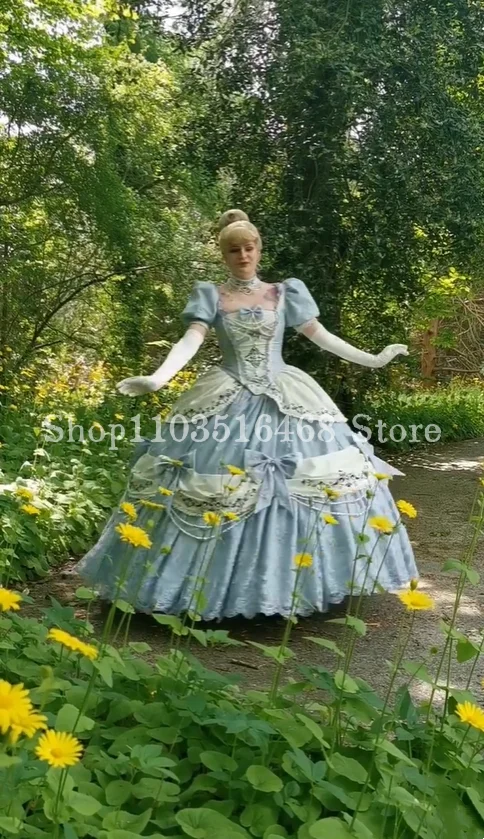 Fairytale Cinderella Prom Ball Gown Blue Square Neck with Gloves Pom Pom Victorian Opera Halloween Cosplay فستان سهره