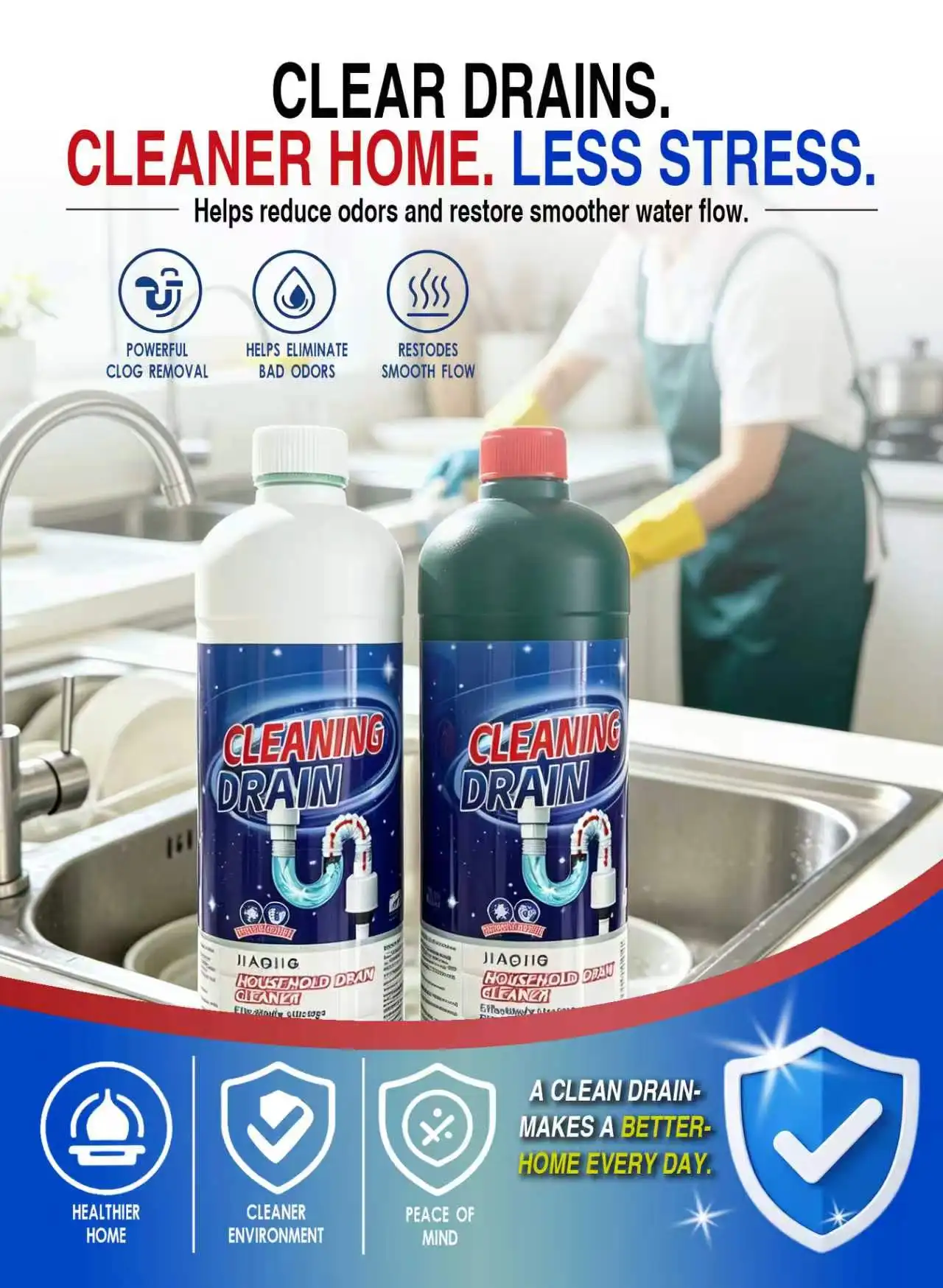 Pro‑Strength Full Clog Destroyer, Bathroom & Kitchen Sinks, Shower and Tub Drain, Pipe‑Safe Liquid Drain Clog Cleaner, 1000ml