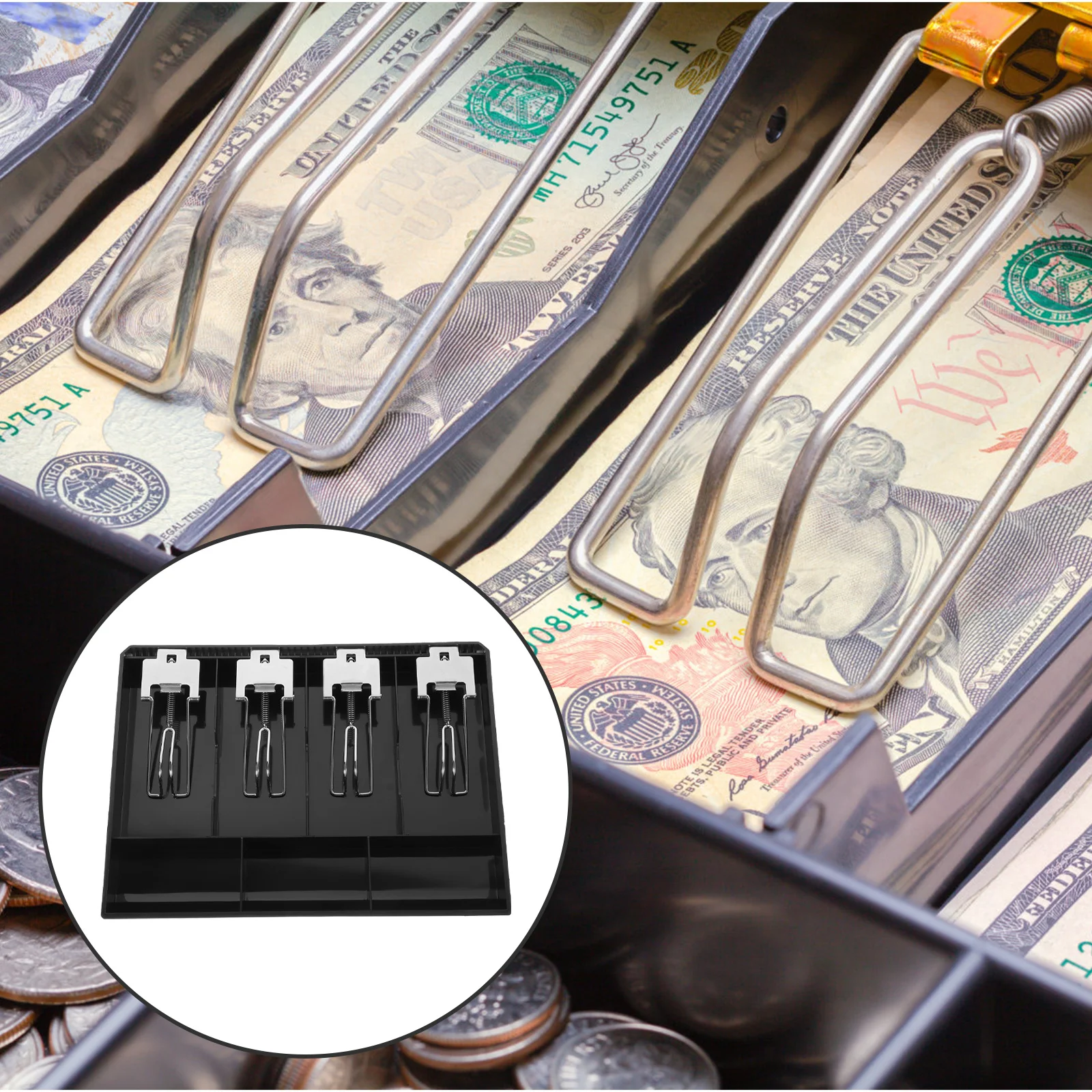 Bandeja de caixa registradora abs bandeja de inserção de aço inoxidável clipe divisor de moedas gaveta de dinheiro portátil para uso em loja gaveta de dinheiro