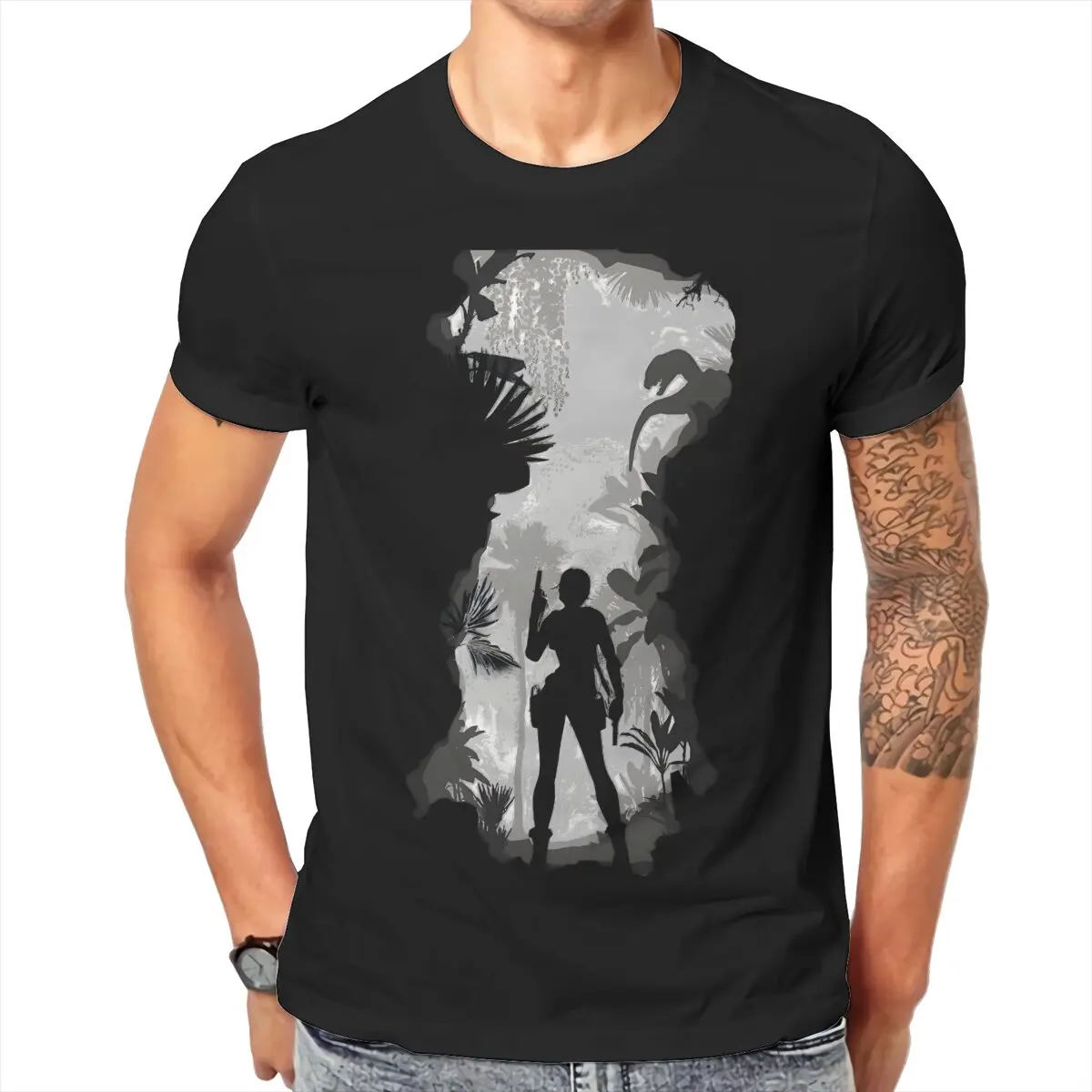 Camiseta gótica de algodón con cuello redondo, ropa de In Forest Tomb Raider Game Lara Croft